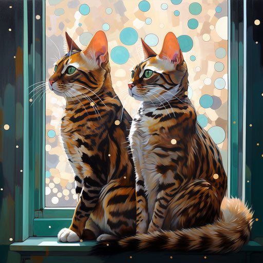 Two Bengal striped cats sitting on a seat next to a window