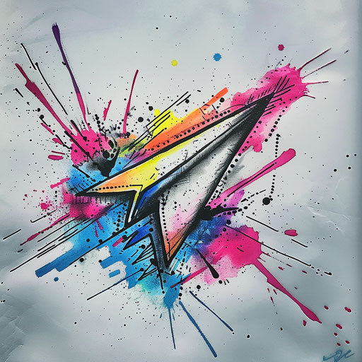 Edgy tattoo sketch of a paper airplane with graffiti style splatters and vibrant hues