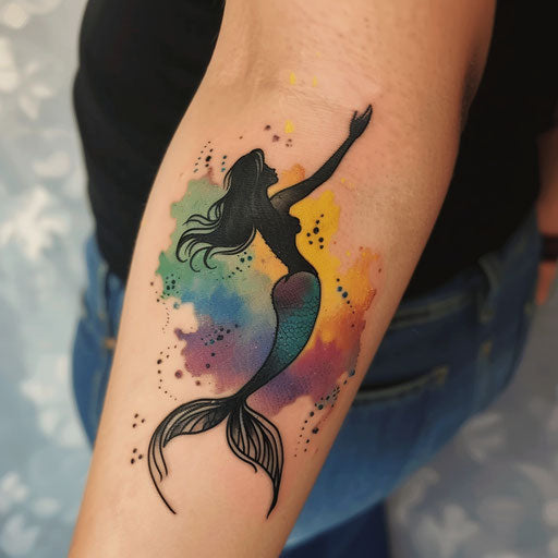 Silhouette style mermaid tattoo on colorful backdrop