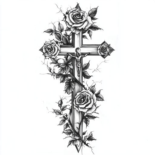 Religious tattoo sketch for men with cross and roses