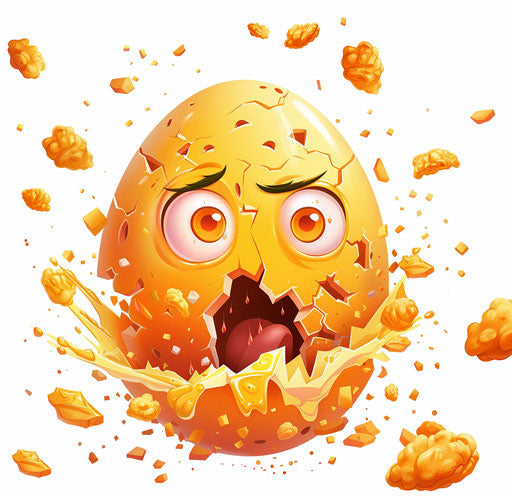 Surprised broken egg with fried chicken pieces floating