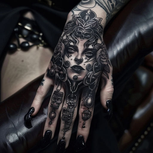 Dark and gothic hand tattoo with mysterious symbols for women