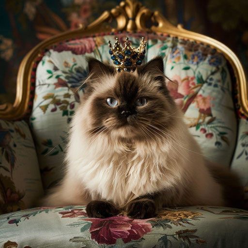 Himalayan cat with royal posture, wearing a small crown, indoors