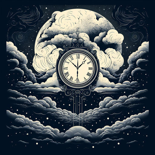 Clock and cloud silhouette, intricate pen drawing style