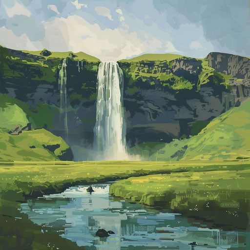 Waterfall in Iceland, minimalist modern art style