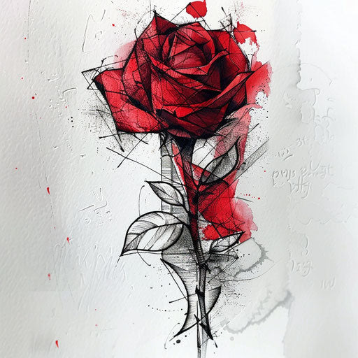 Eclectic tattoo sketch of a red rose with mixed media style and textured effects