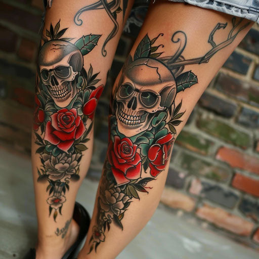 Leg tattoos for women in the style of Ed Hardy with roses and skulls