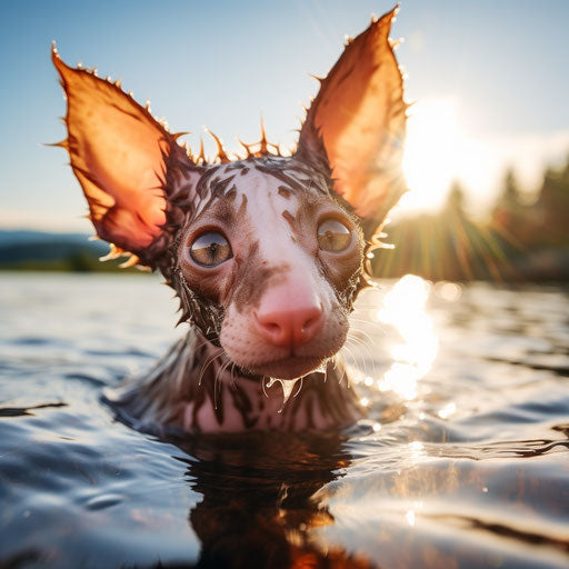 Cornish rex swimming in a lake by the shore