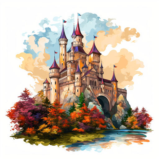 Castle with Oil Painting Style on White Background