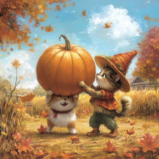 A cat and dog working together to carry a giant pumpkin