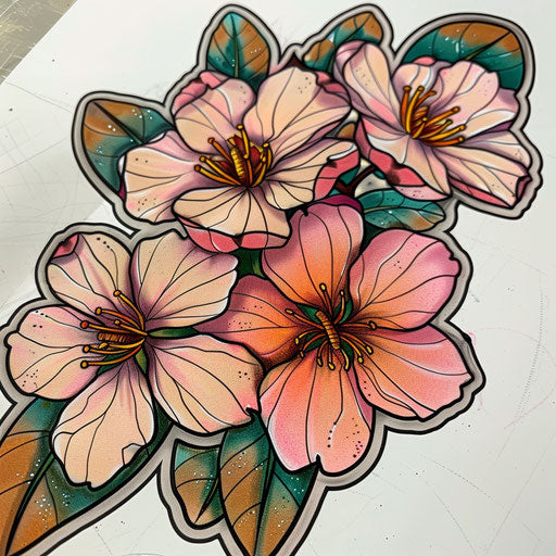 Flat tattoo sketch of cherry blossom flowers with bold colors