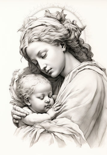 Drawing religious event madonna child ink classical