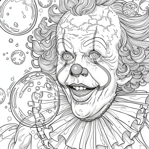 A clown blowing bubbles. Detailed coloring book page