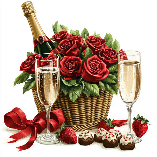 Romance and elegance: red roses, champagne, chocolate strawberries