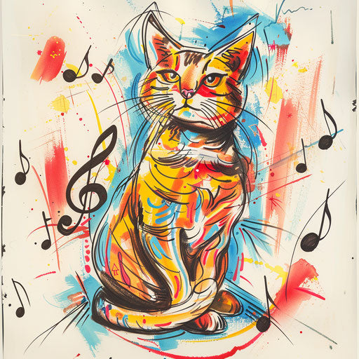 Vibrant cat tattoo design with musical notes