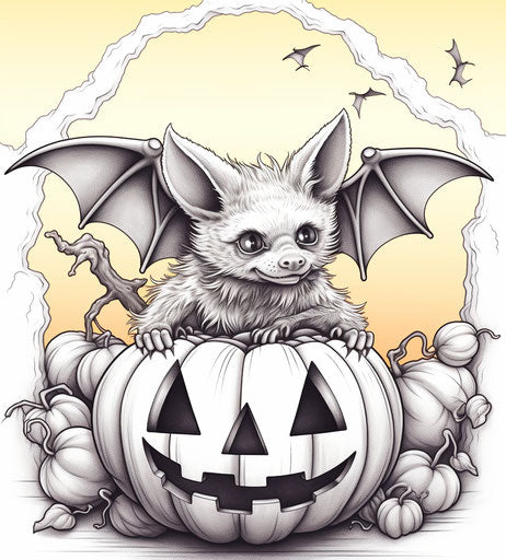 Bat hanging on a pumpkin, Halloween coloring page