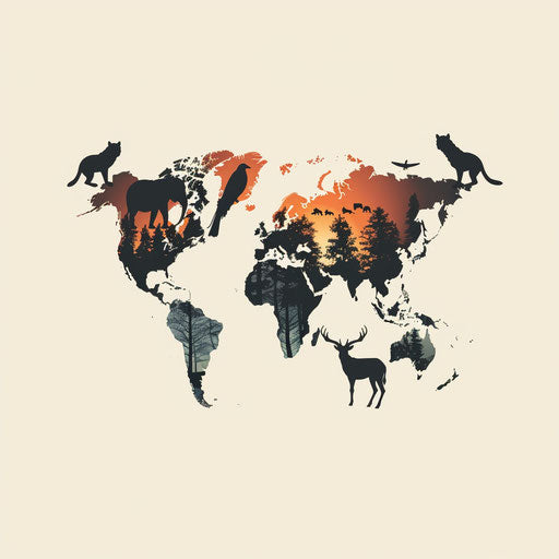 Wildlife map logo, animal silhouettes continents natural colors