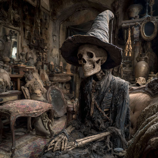 Skeletal Witch in a Decaying Gothic Room