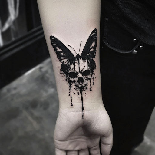 Wrist tattoo of skull butterfly in gothic style