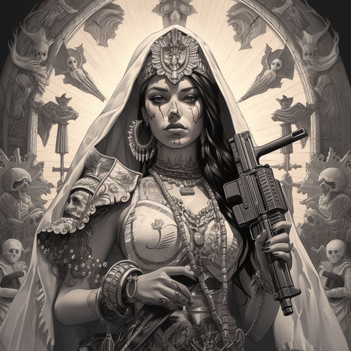 Woman with guns and skull on shoulders, religious style