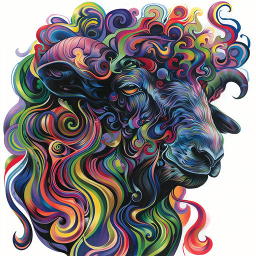 Psychedelic black sheep tattoo with swirling colors on white