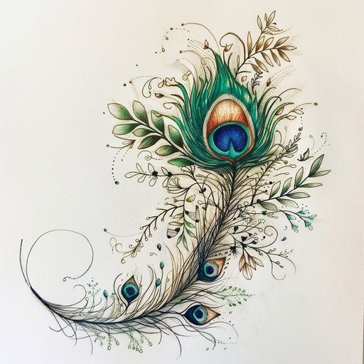 Botanical peacock feather tattoo sketch with greenery and floral designs intertwined
