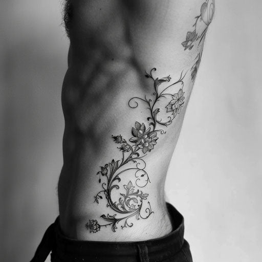 Rib tattoos for men with botanical details