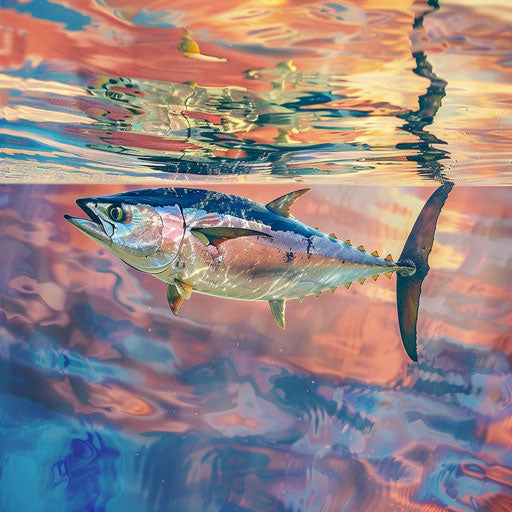 Yellowfin tuna swimming near the surface, reflecting sky colors at dawn