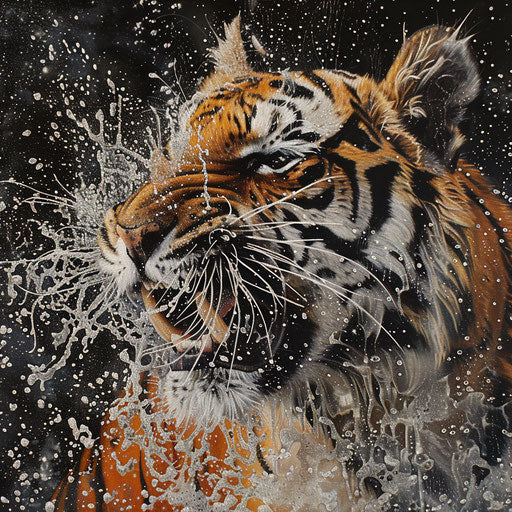 Raw power of a tiger shaking off water, suspended droplets