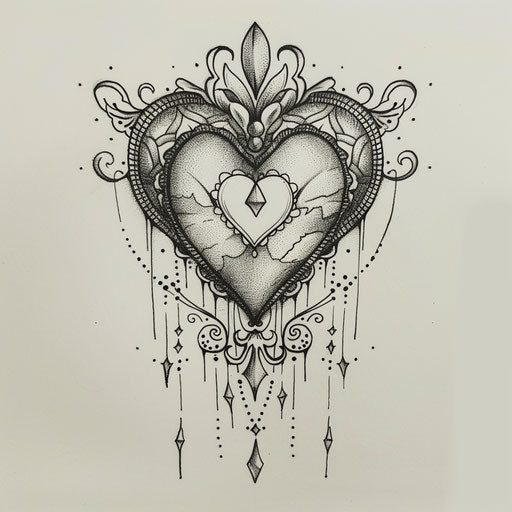 Elegant flat tattoo sketch of a crying heart with lace