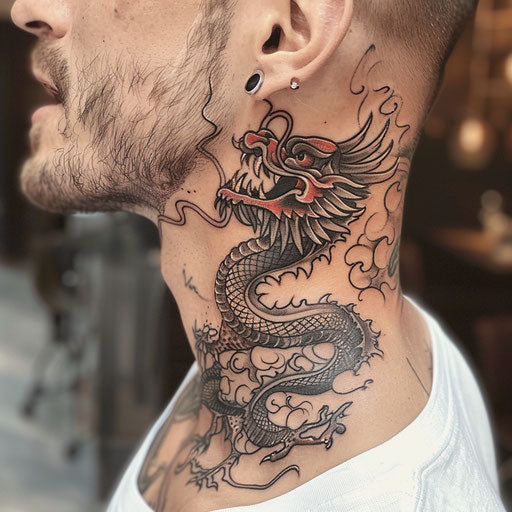 Dragon-themed side neck tattoos, Guy Aitchison style