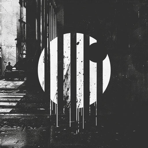 Post-punk band logo with minimalist fonts and cold urban background