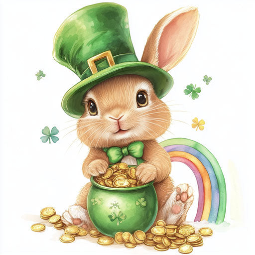 St. Patrick's Day, cute baby rabbit in a green hat with a pot of gold and a rainbow, clipart on white background