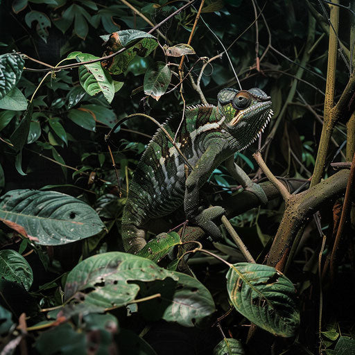 Chameleon in the shadowy undergrowth of a dense forest