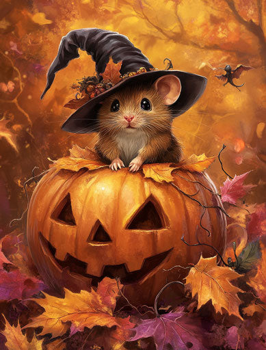 Sweet little brown mouse with witch hat on pumpkin