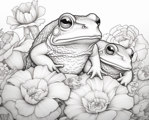Coloring page of two toads and flowers, in the style of Magali Villeneuve