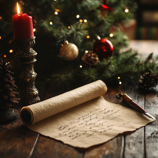 Aged parchment scroll on table, elegant quill for writing Christmas wishes