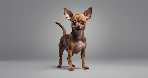 Small brown dog on grey background, creative style, light beige and gold