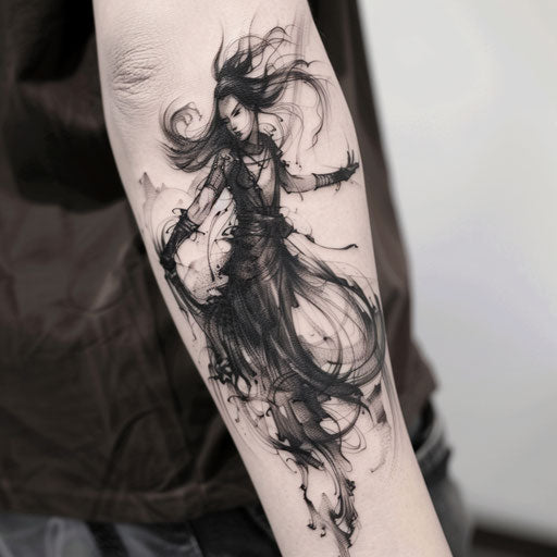 Blackwork tattoo of Hades in dynamic pose, surrounded by swirling smoke, on white backdrop
