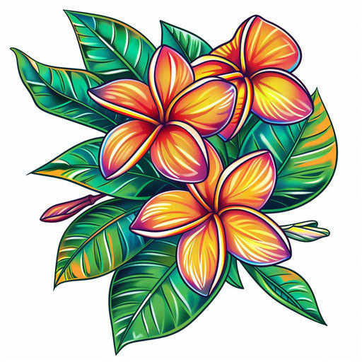 Dynamic flat tattoo sketch of plumeria with bright tropical colors