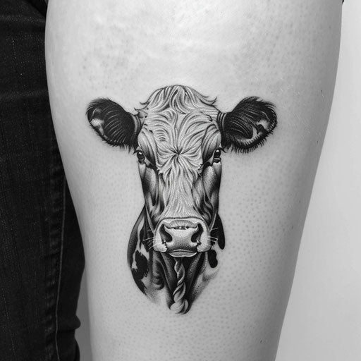 Detailed cow portrait in black and grey on white background