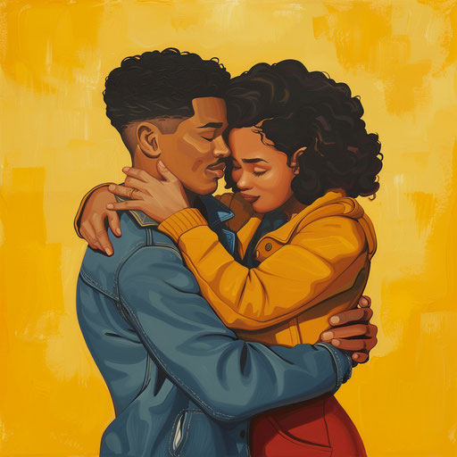 A cute couple embracing in the style of Kadir Nelson, dark yellow and light indigo
