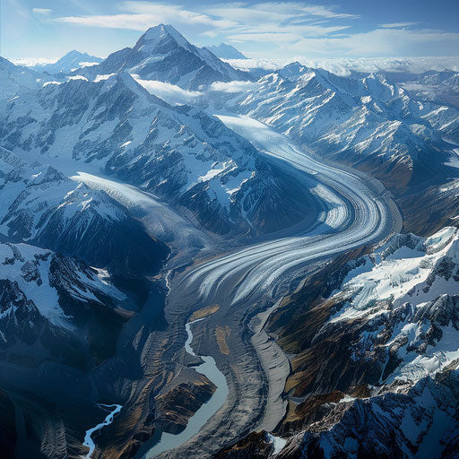 Aerial view of Mount Cook, New Zealand's glaciers and valleys