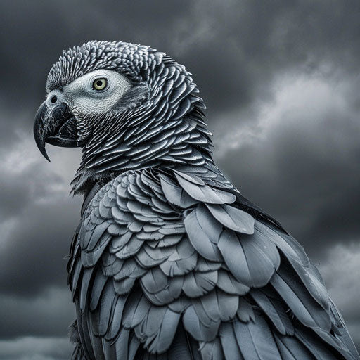 African grey parrot under stormy sky