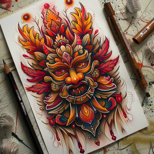 Neo-traditional tattoo sketch of a Hakuna Matata symbol with rich colors and intricate details