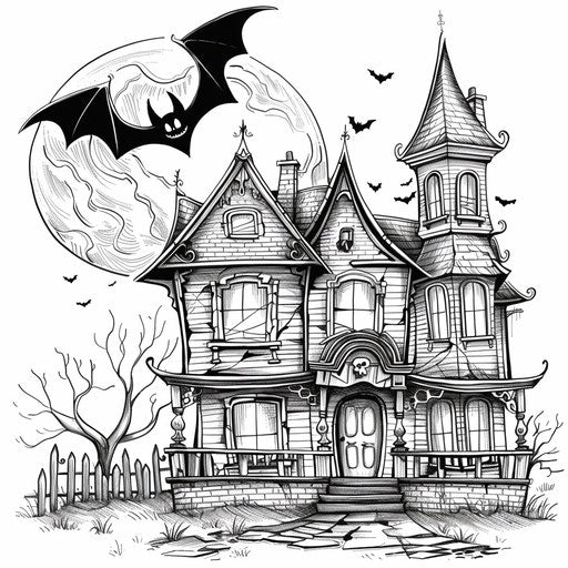 Bat flying over a spooky haunted house