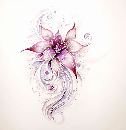 Flower tattoo design, light silver and magenta style, glittery and shiny, lyrical line-work, contrasting, subtle 27:28