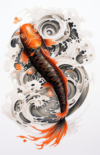 An intricate illustration of a koi fish, light black and orange style
