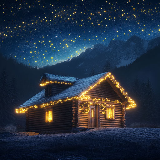 Wooden cabin adorned with yellow lights under starry sky