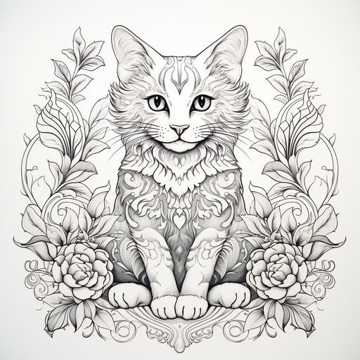 A cat sitting in a decorative pattern coloring page